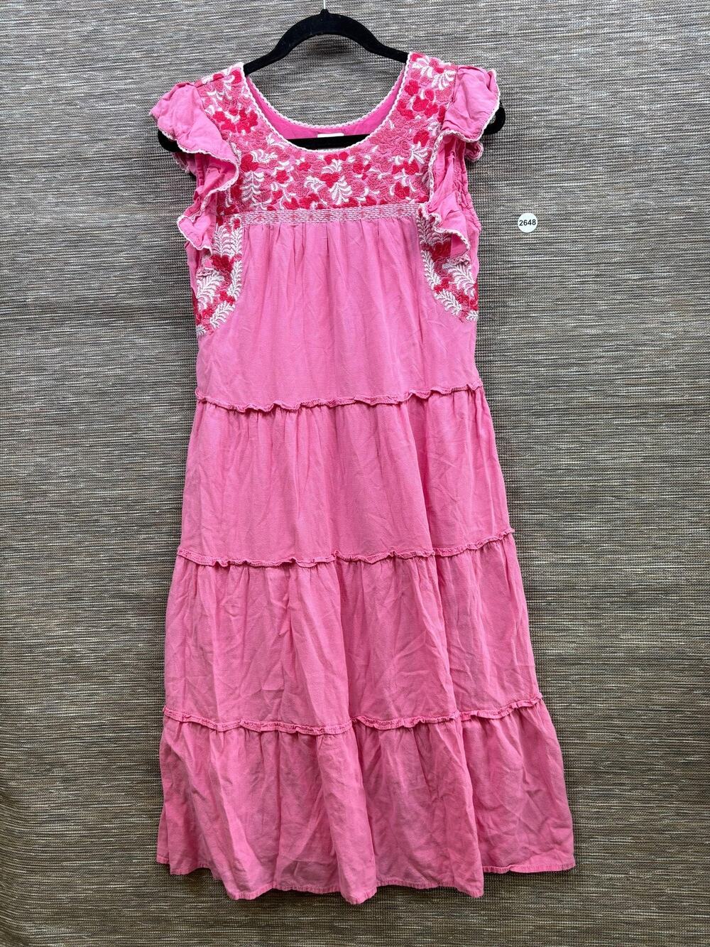 J. Marie Dress Womens XS Pink Floral Embroidered Tiered Midi Sundress Boho
